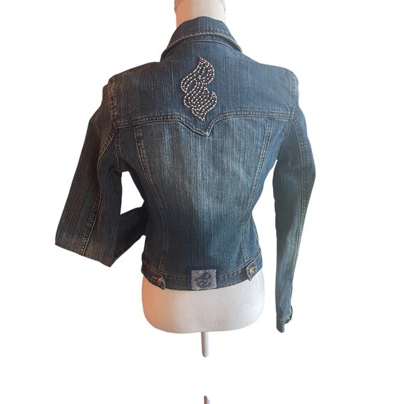 Rocawear Vintage Y2K Womens Jean Jacket Small Cropped Denim Dark Wash Beaded - Picture 15 of 16